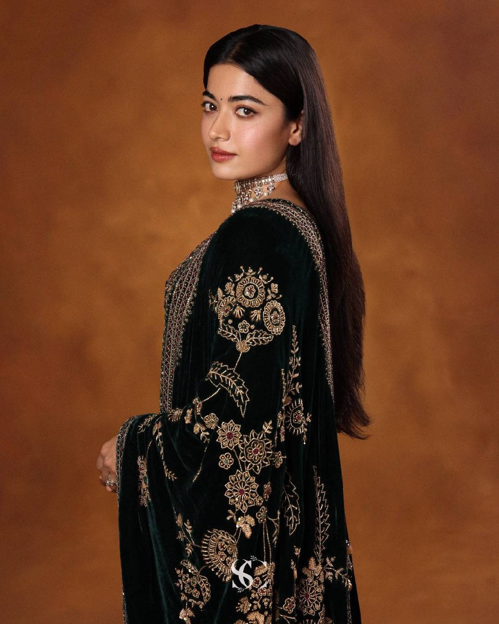Luxury Velvet Embroidered Gown with Heavy Stone & Sequin Work, 4 Meter Flair, Dori Neck & Matching Dupatta