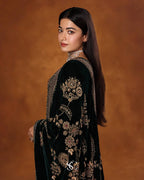 Luxury Velvet Embroidered Gown with Heavy Stone & Sequin Work, 4 Meter Flair, Dori Neck & Matching Dupatta