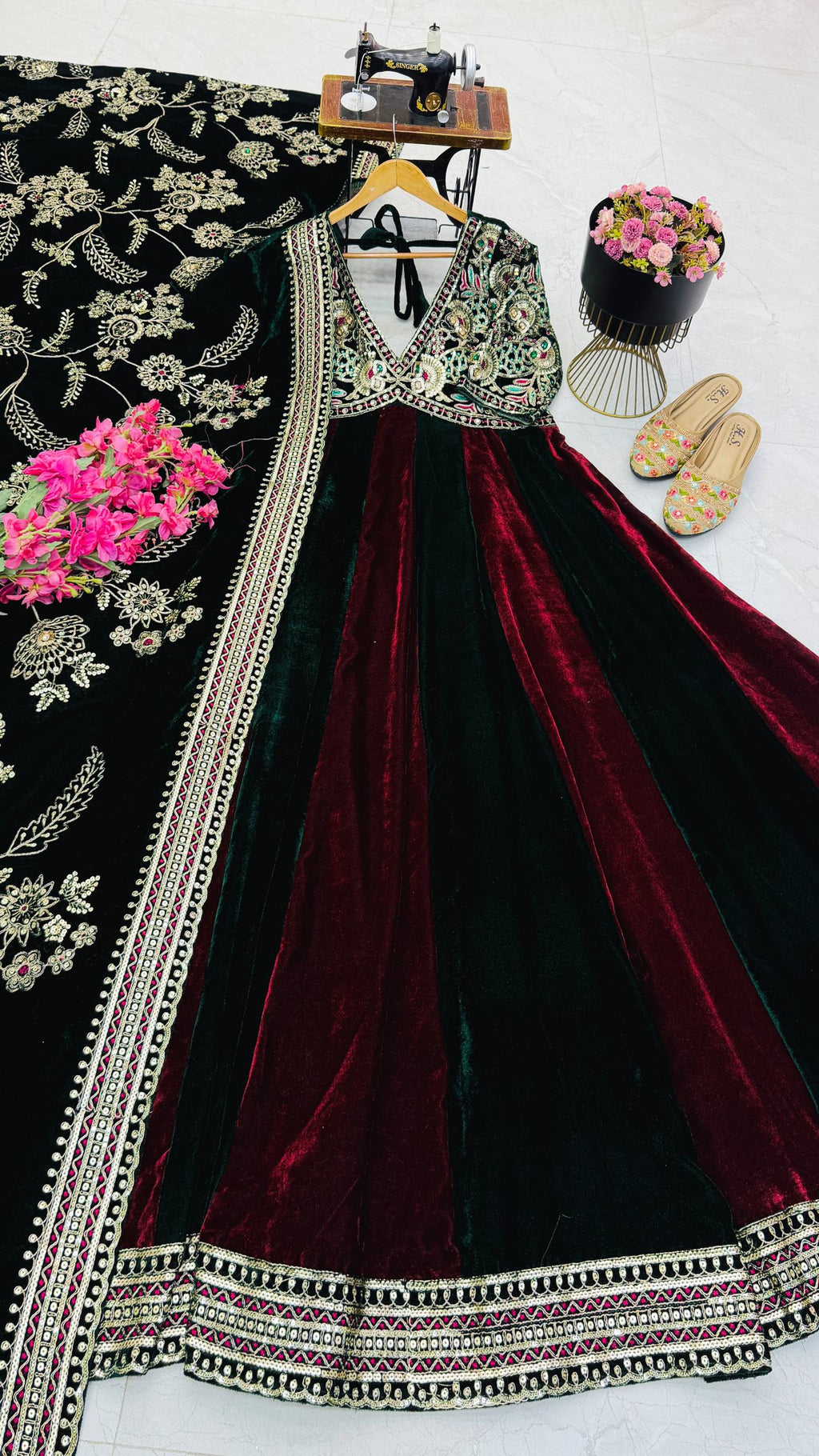 Luxury Velvet Embroidered Gown with Heavy Stone & Sequin Work, 4 Meter Flair, Dori Neck & Matching Dupatta