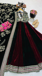 Luxury Velvet Embroidered Gown with Heavy Stone & Sequin Work, 4 Meter Flair, Dori Neck & Matching Dupatta