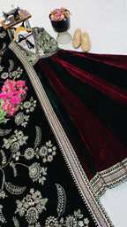 Luxury Velvet Embroidered Gown with Heavy Stone & Sequin Work, 4 Meter Flair, Dori Neck & Matching Dupatta