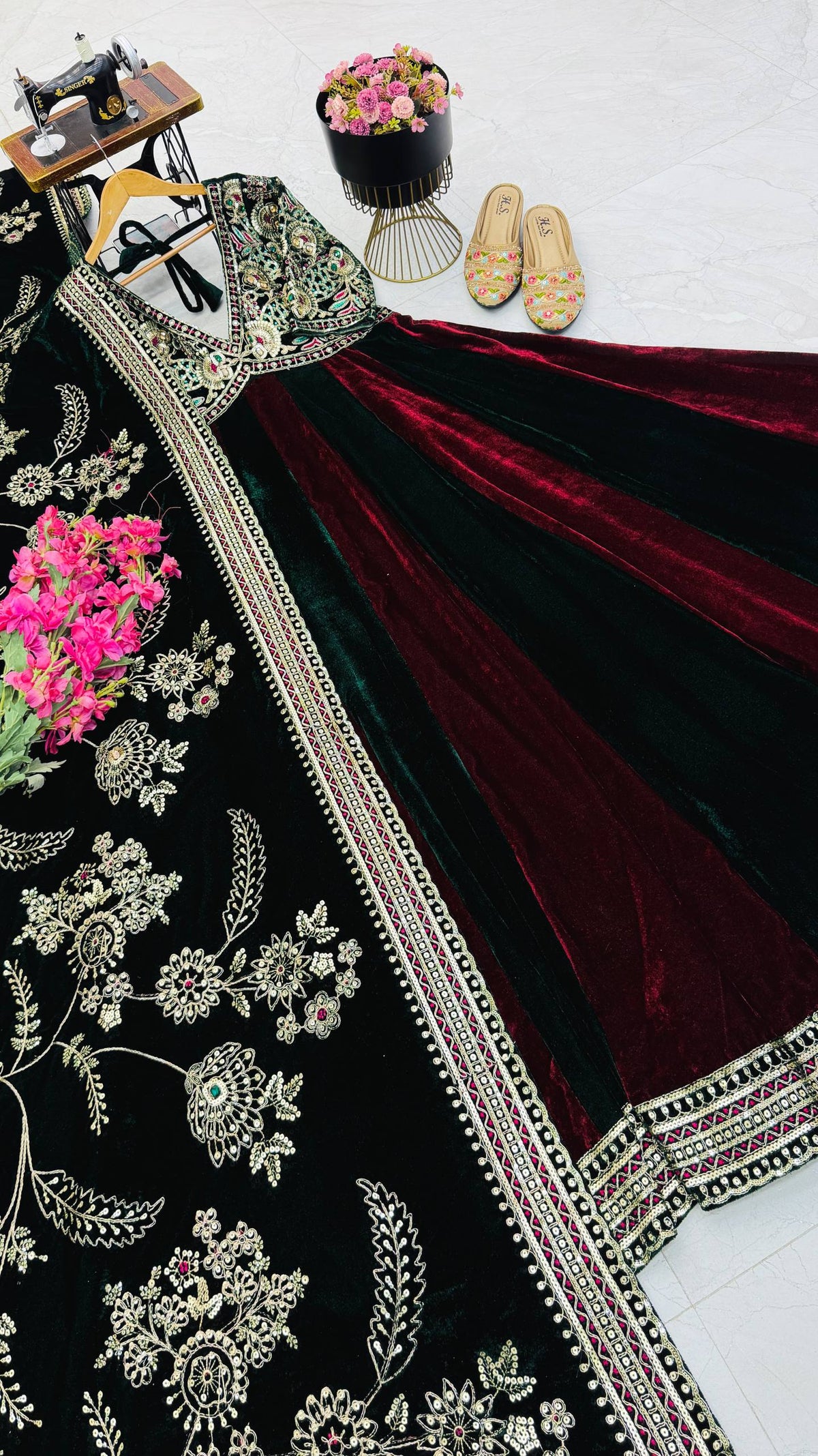 Luxury Velvet Embroidered Gown with Heavy Stone & Sequin Work, 4 Meter Flair, Dori Neck & Matching Dupatta