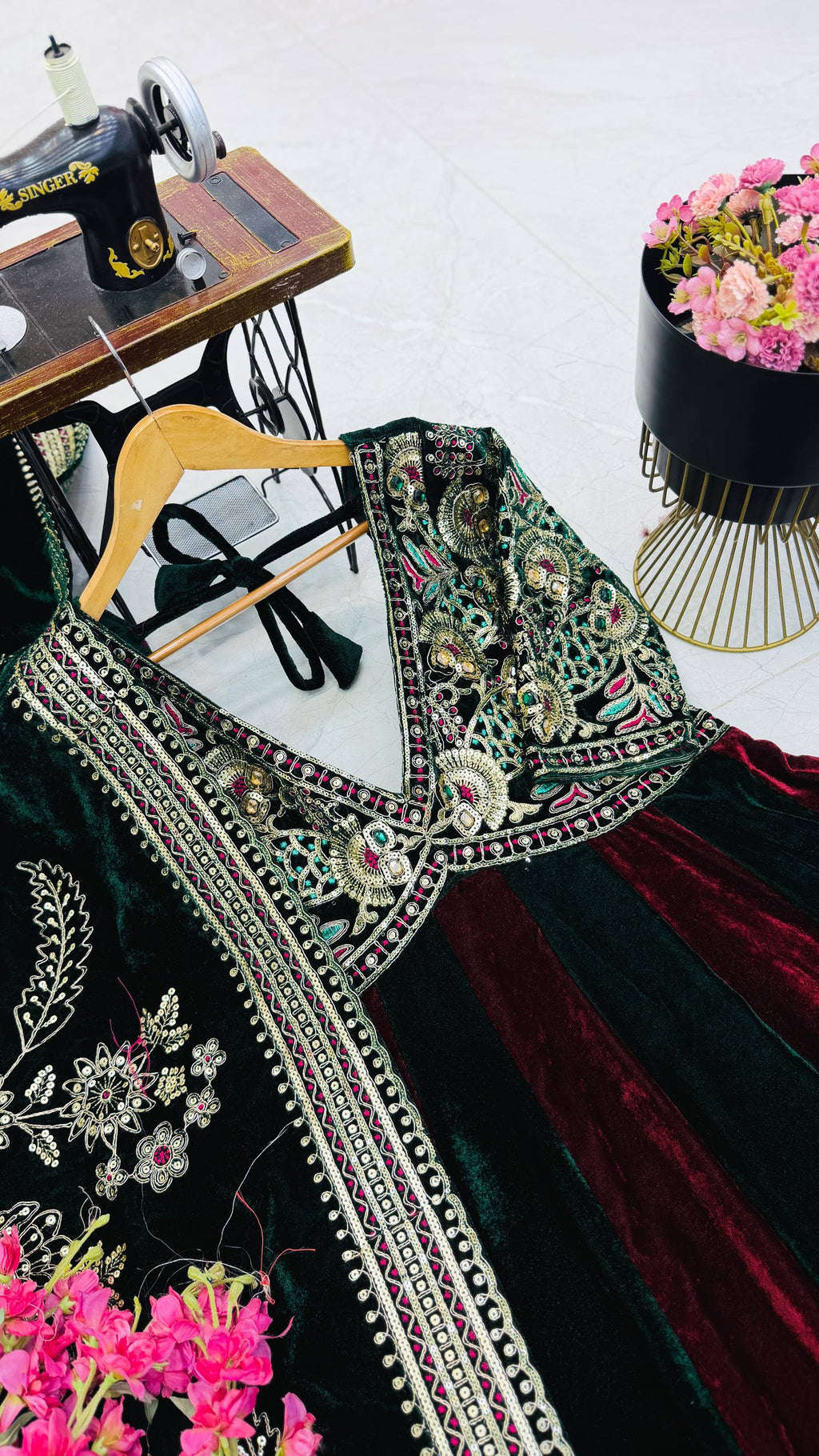 Luxury Velvet Embroidered Gown with Heavy Stone & Sequin Work, 4 Meter Flair, Dori Neck & Matching Dupatta