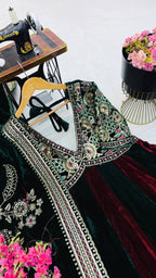Luxury Velvet Embroidered Gown with Heavy Stone & Sequin Work, 4 Meter Flair, Dori Neck & Matching Dupatta