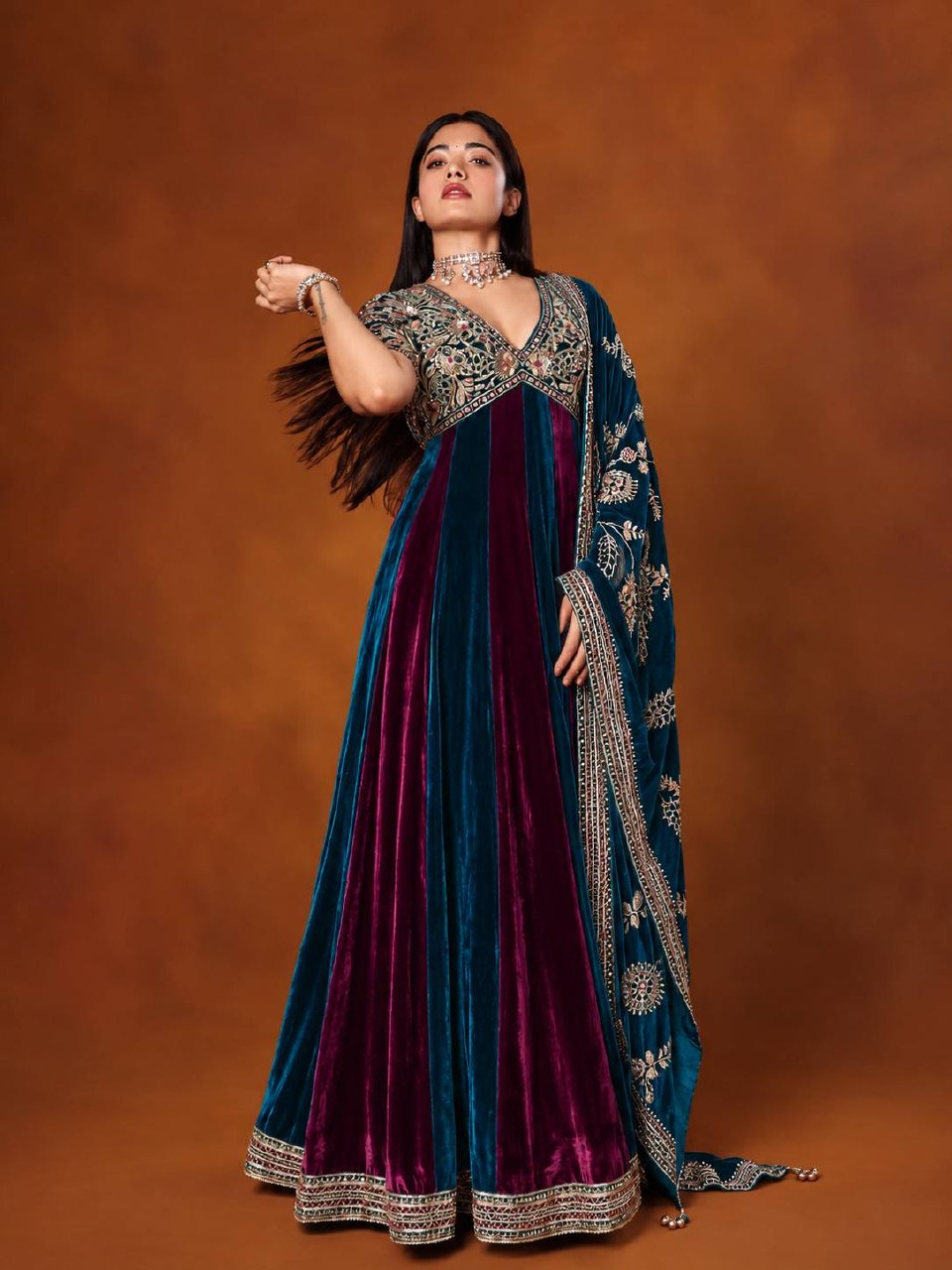 Luxury Velvet Embroidered Gown with Heavy Stone & Sequin Work, 4 Meter Flair, Dori Neck & Matching Dupatta
