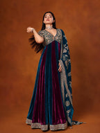 Luxury Velvet Embroidered Gown with Heavy Stone & Sequin Work, 4 Meter Flair, Dori Neck & Matching Dupatta