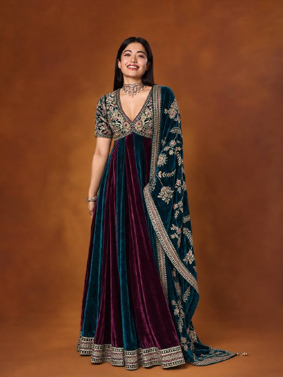 Luxury Velvet Embroidered Gown with Heavy Stone & Sequin Work, 4 Meter Flair, Dori Neck & Matching Dupatta