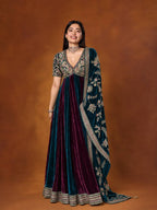 Luxury Velvet Embroidered Gown with Heavy Stone & Sequin Work, 4 Meter Flair, Dori Neck & Matching Dupatta
