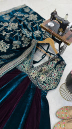 Luxury Velvet Embroidered Gown with Heavy Stone & Sequin Work, 4 Meter Flair, Dori Neck & Matching Dupatta