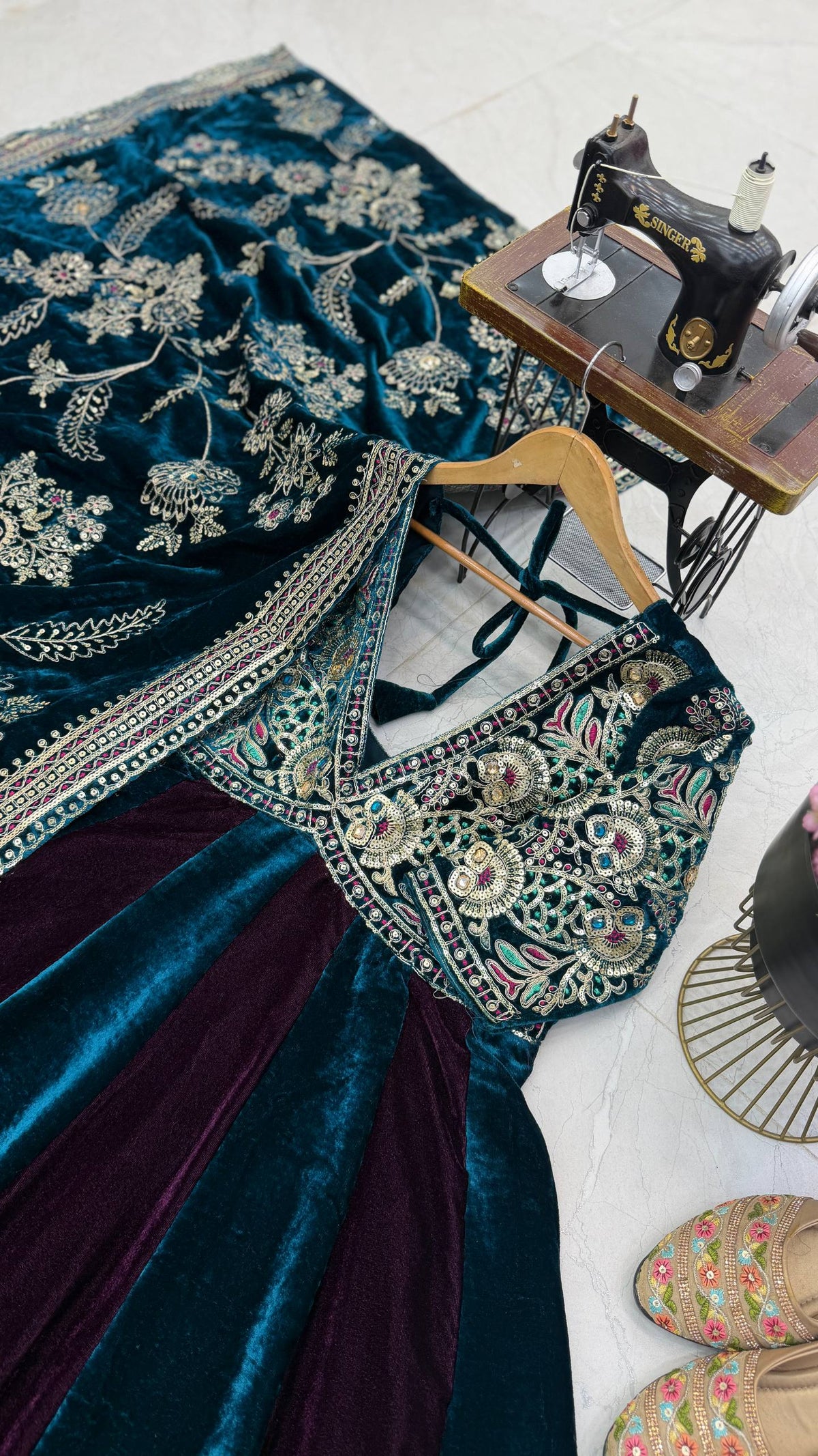 Luxury Velvet Embroidered Gown with Heavy Stone & Sequin Work, 4 Meter Flair, Dori Neck & Matching Dupatta