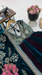 Luxury Velvet Embroidered Gown with Heavy Stone & Sequin Work, 4 Meter Flair, Dori Neck & Matching Dupatta