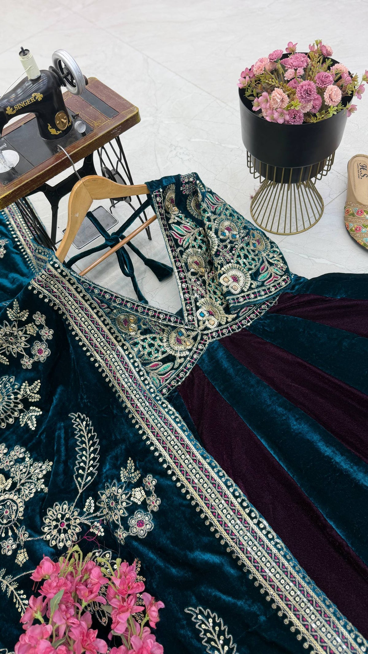 Luxury Velvet Embroidered Gown with Heavy Stone & Sequin Work, 4 Meter Flair, Dori Neck & Matching Dupatta