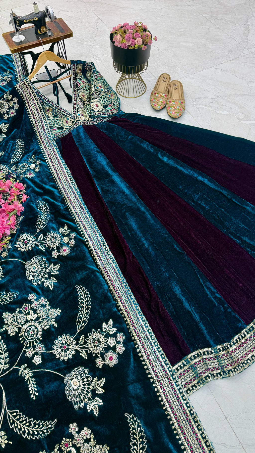 Luxury Velvet Embroidered Gown with Heavy Stone & Sequin Work, 4 Meter Flair, Dori Neck & Matching Dupatta
