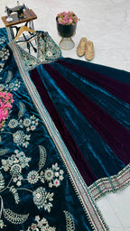 Luxury Velvet Embroidered Gown with Heavy Stone & Sequin Work, 4 Meter Flair, Dori Neck & Matching Dupatta