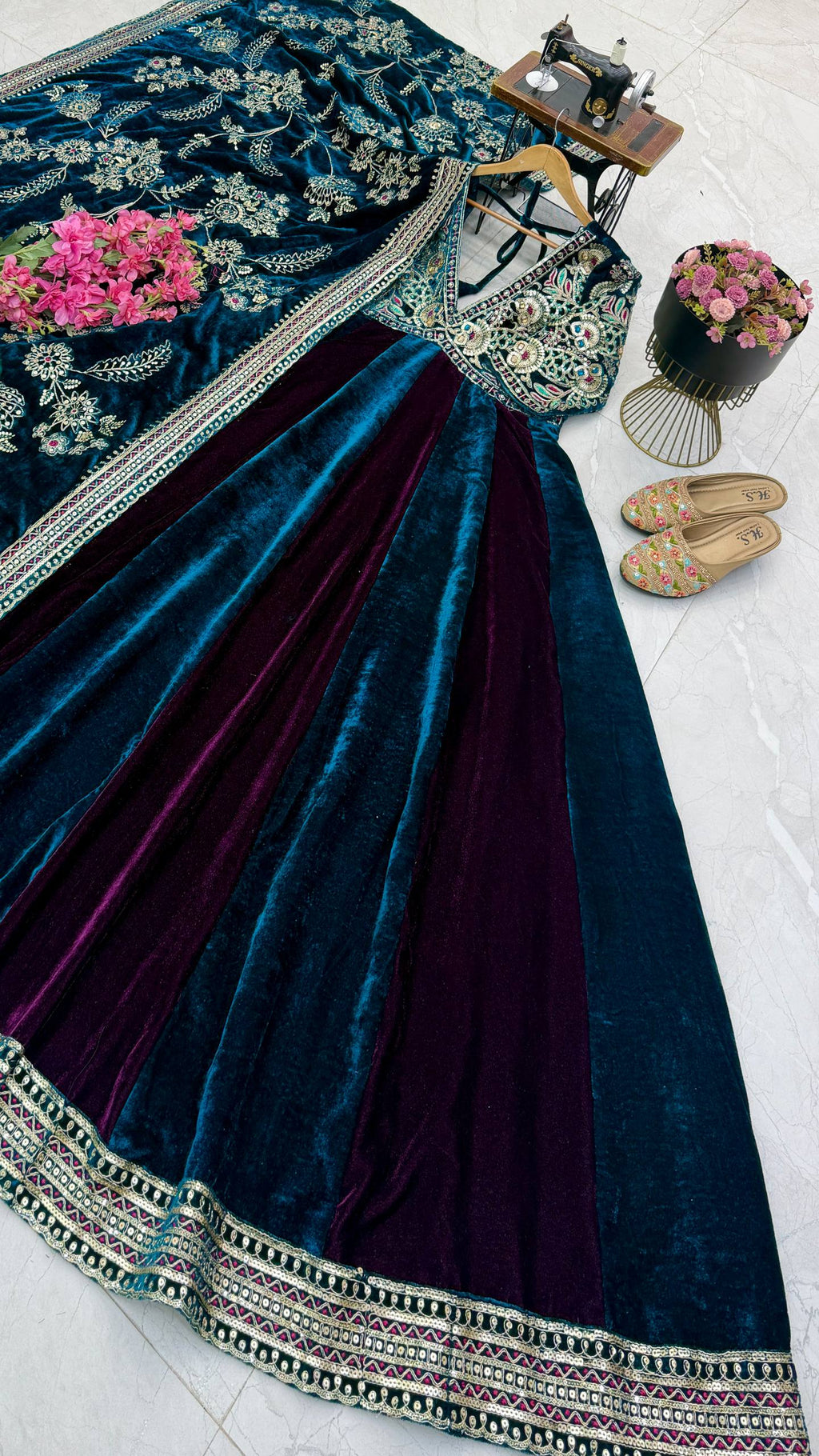 Luxury Velvet Embroidered Gown with Heavy Stone & Sequin Work, 4 Meter Flair, Dori Neck & Matching Dupatta