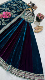 Luxury Velvet Embroidered Gown with Heavy Stone & Sequin Work, 4 Meter Flair, Dori Neck & Matching Dupatta