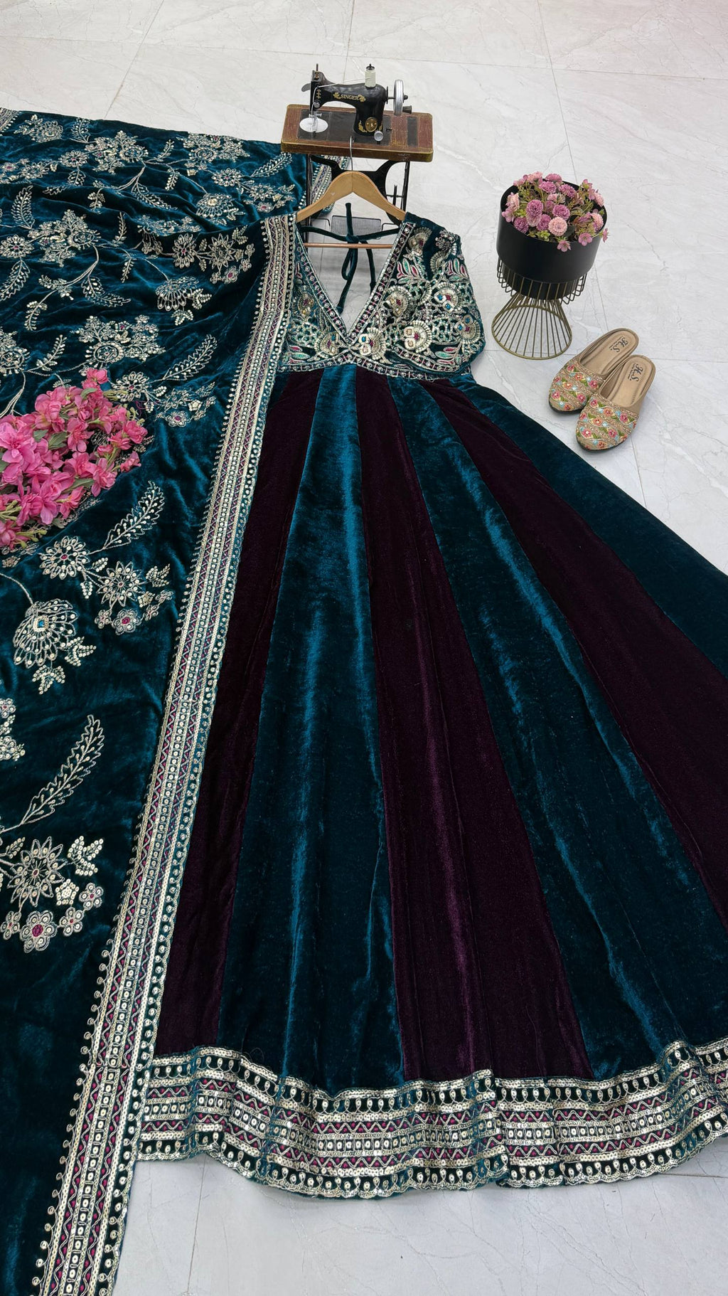Luxury Velvet Embroidered Gown with Heavy Stone & Sequin Work, 4 Meter Flair, Dori Neck & Matching Dupatta