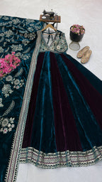 Luxury Velvet Embroidered Gown with Heavy Stone & Sequin Work, 4 Meter Flair, Dori Neck & Matching Dupatta
