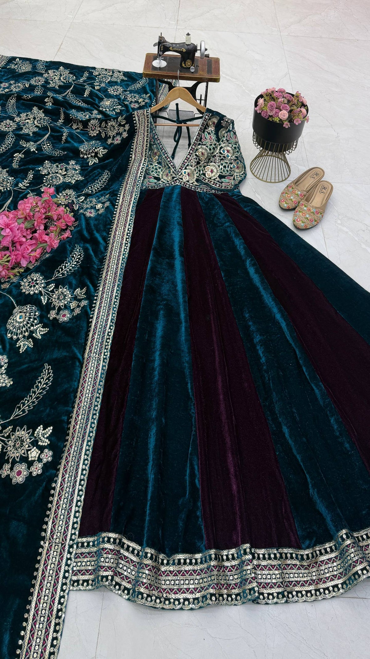 Luxury Velvet Embroidered Gown with Heavy Stone & Sequin Work, 4 Meter Flair, Dori Neck & Matching Dupatta