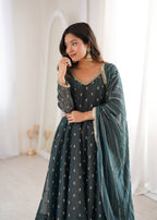 Aarvika Heavy Crunchy Silk Jacquard Butti Anarkali Gown with Chanderi Dupatta