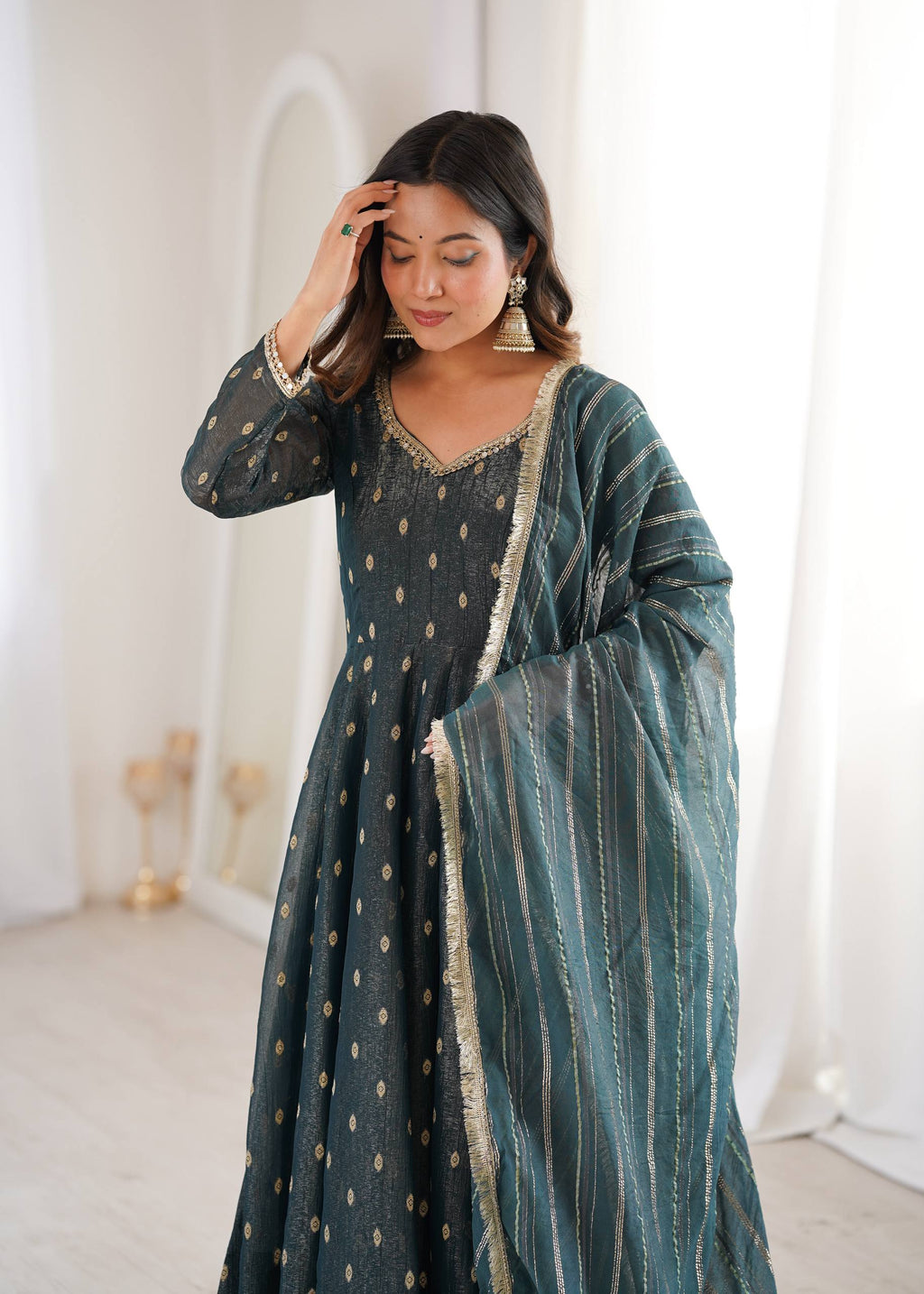 Aarvika Heavy Crunchy Silk Jacquard Butti Anarkali Gown with Chanderi Dupatta
