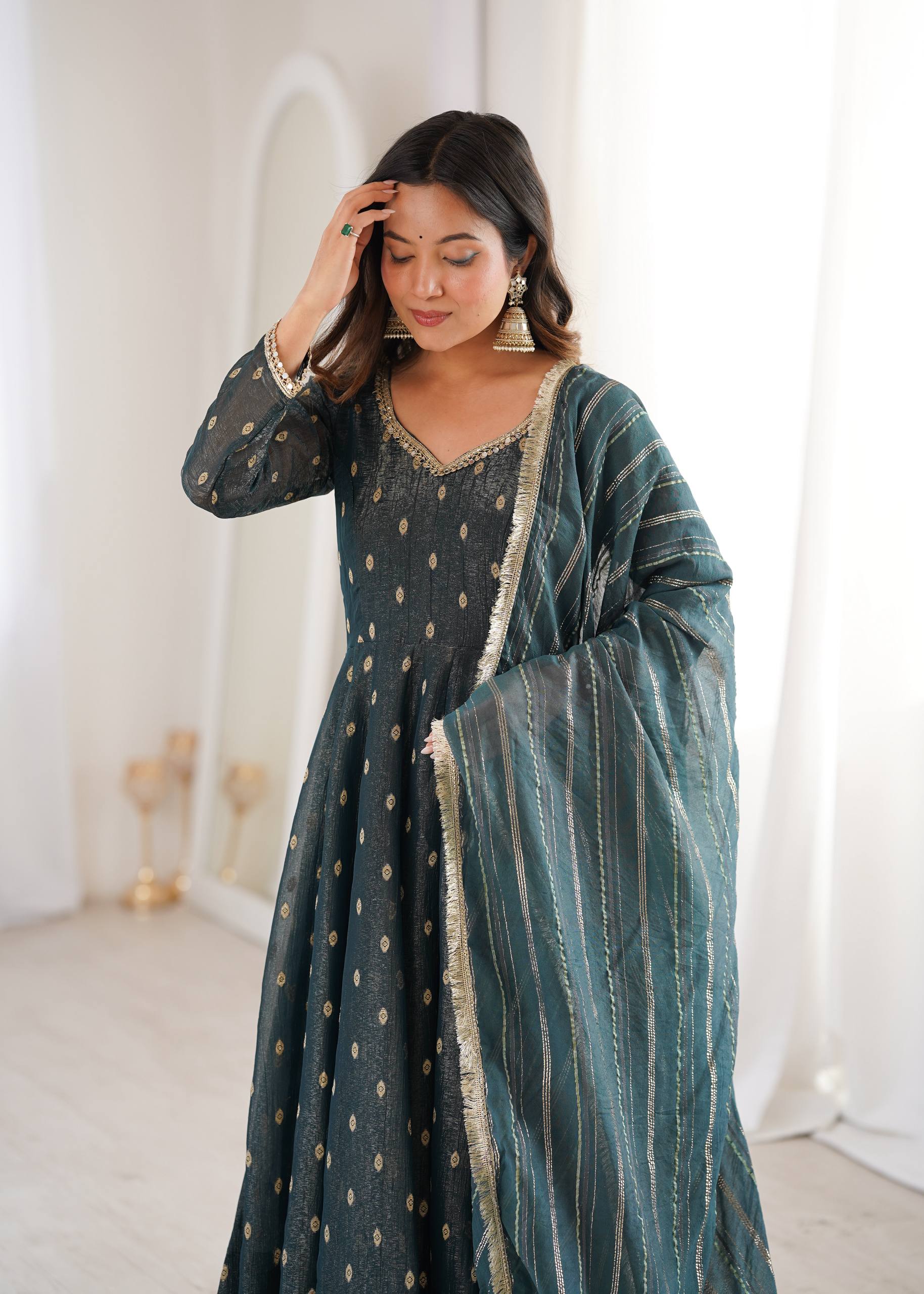 Aarvika Heavy Crunchy Silk Jacquard Butti Anarkali Gown with Chanderi Dupatta