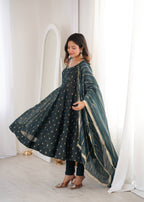 Aarvika Heavy Crunchy Silk Jacquard Butti Anarkali Gown with Chanderi Dupatta