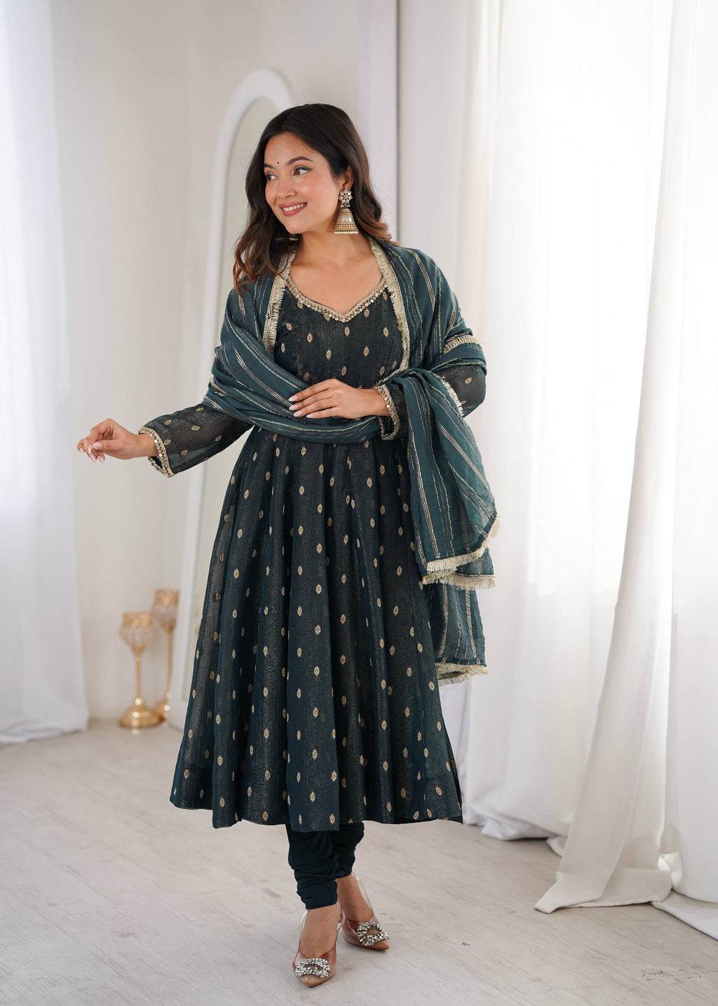Aarvika Heavy Crunchy Silk Jacquard Butti Anarkali Gown with Chanderi Dupatta
