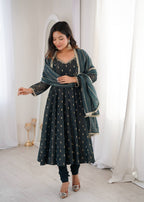 Aarvika Heavy Crunchy Silk Jacquard Butti Anarkali Gown with Chanderi Dupatta