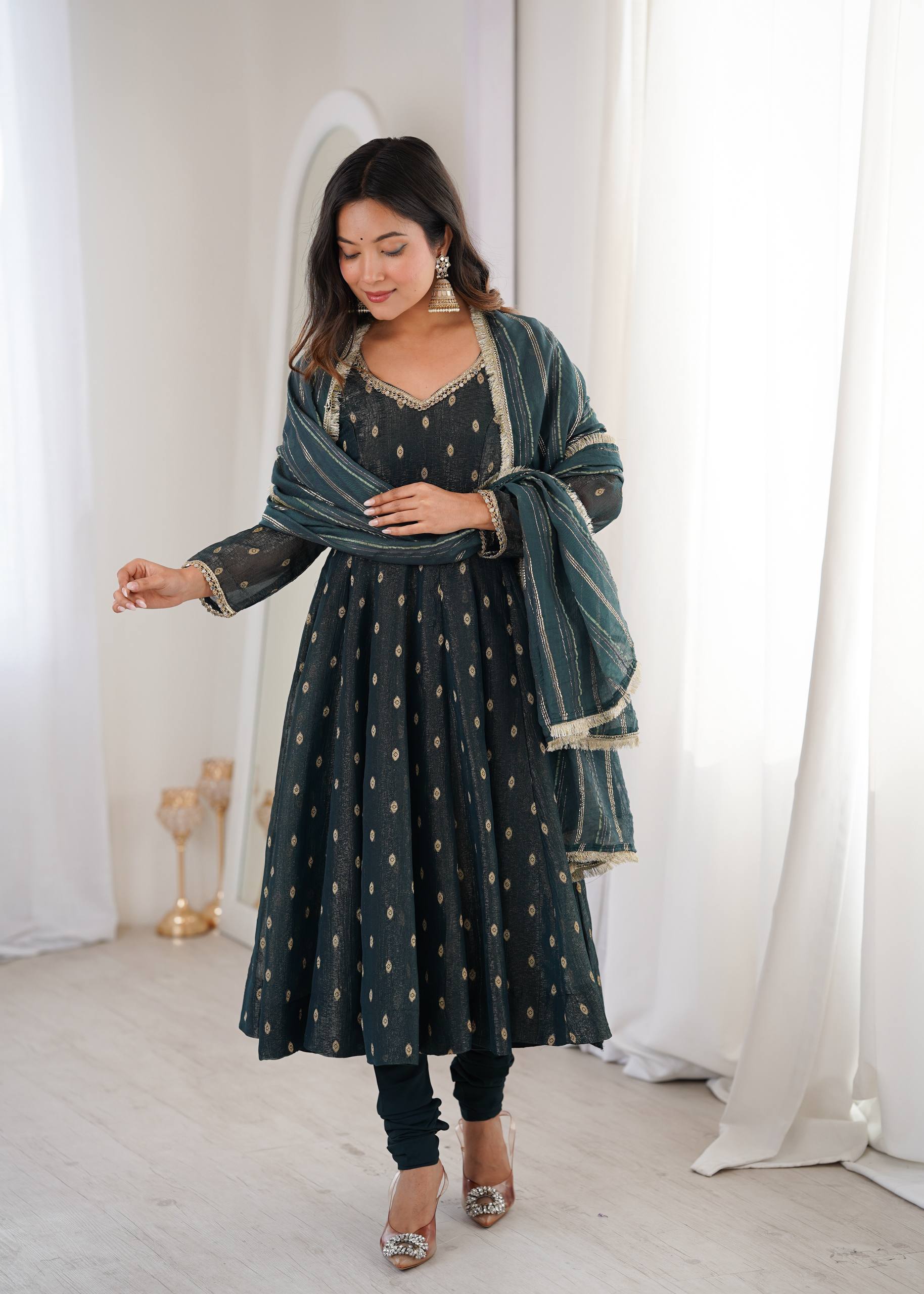 Aarvika Heavy Crunchy Silk Jacquard Butti Anarkali Gown with Chanderi Dupatta