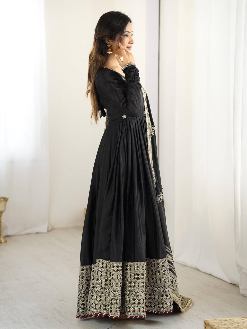 Meherbaan Chinon Anarkali Suit with Thread & Sequin Work, Dori Latkan Detailing & Lace Border Dupatta