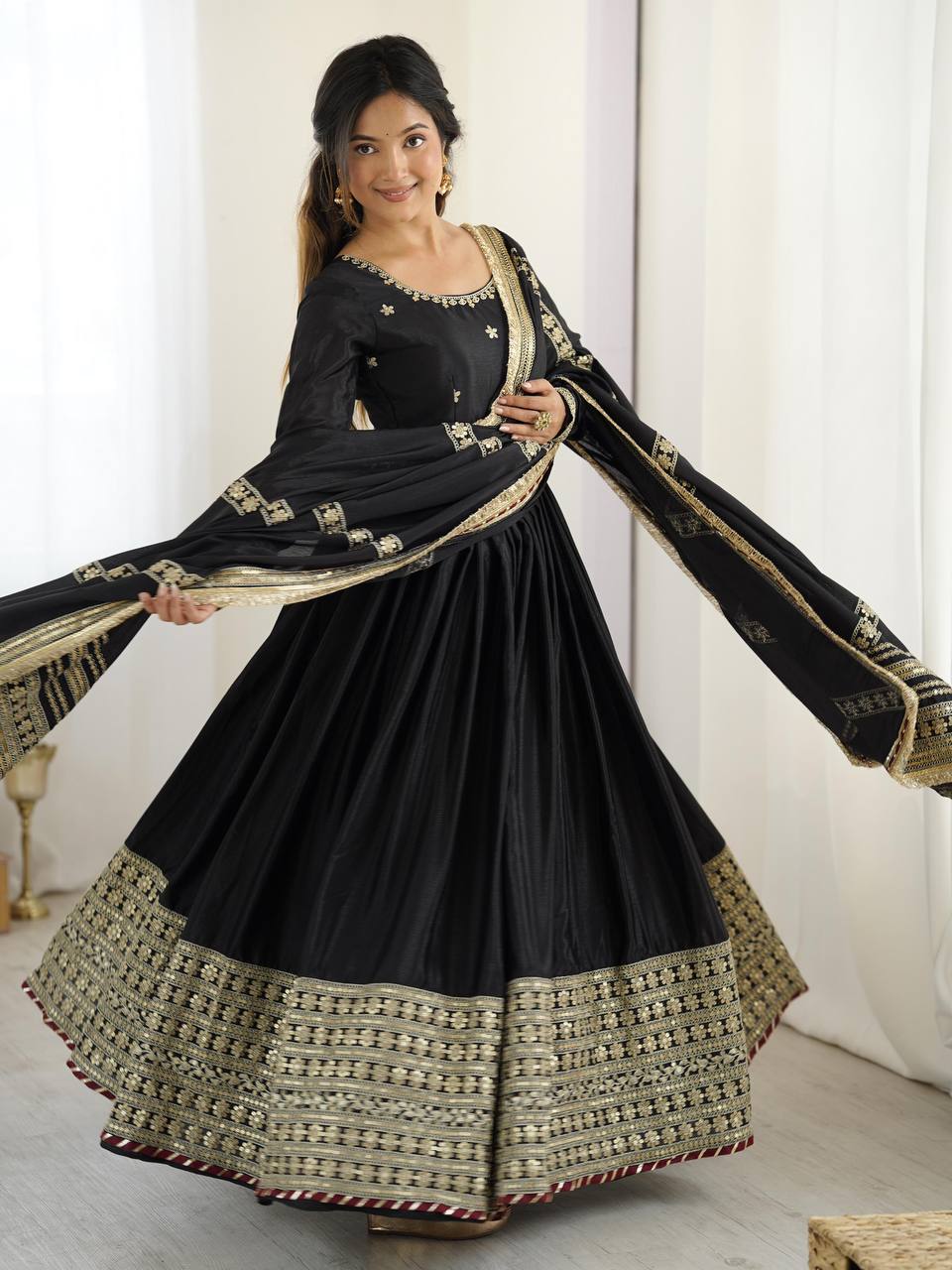 Meherbaan Chinon Anarkali Suit with Thread & Sequin Work, Dori Latkan Detailing & Lace Border Dupatta