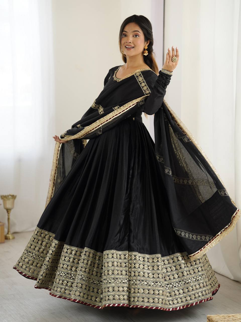Meherbaan Chinon Anarkali Suit with Thread & Sequin Work, Dori Latkan Detailing & Lace Border Dupatta