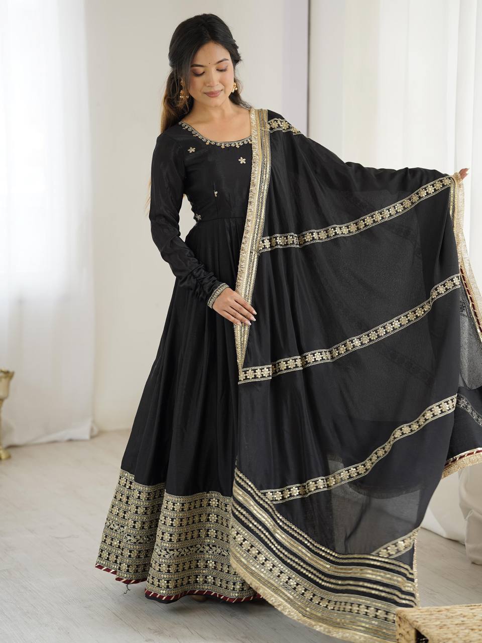 Meherbaan Chinon Anarkali Suit with Thread & Sequin Work, Dori Latkan Detailing & Lace Border Dupatta