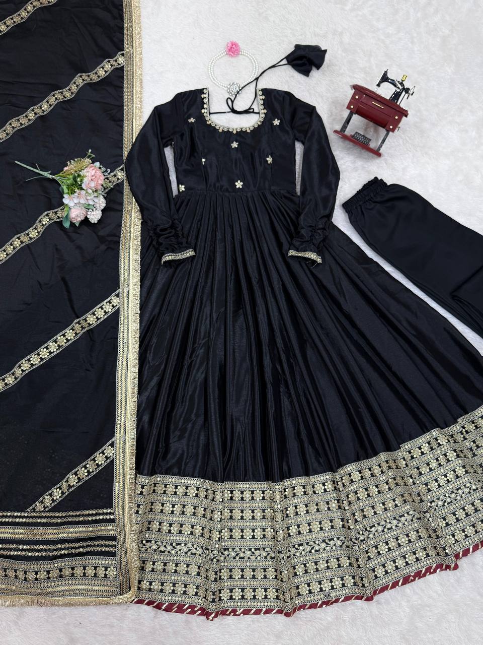 Meherbaan Chinon Anarkali Suit with Thread & Sequin Work, Dori Latkan Detailing & Lace Border Dupatta