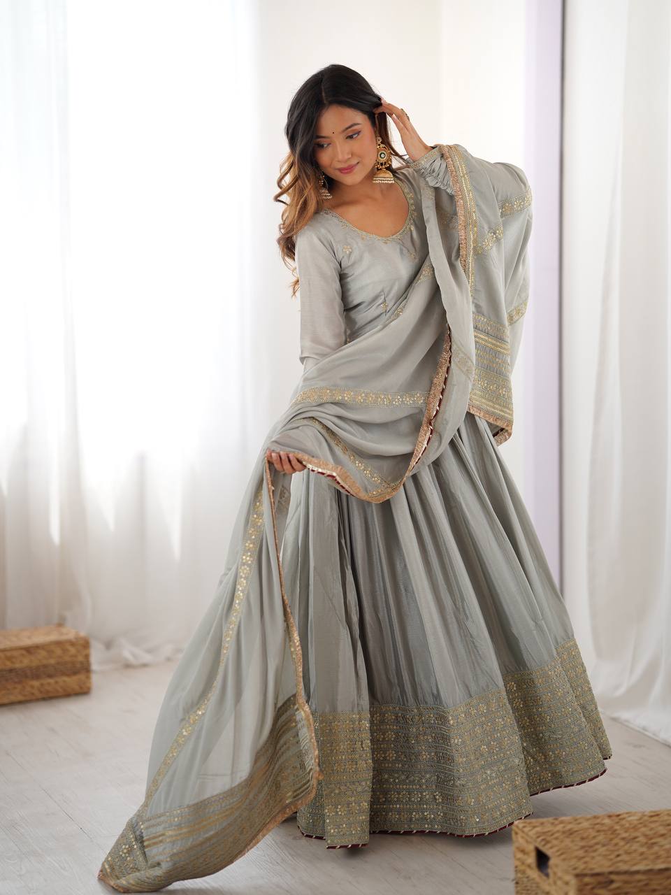 Meherbaan Chinon Anarkali Suit with Thread & Sequin Work, Dori Latkan Detailing & Lace Border Dupatta