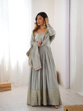 Meherbaan Chinon Anarkali Suit with Thread & Sequin Work, Dori Latkan Detailing & Lace Border Dupatta