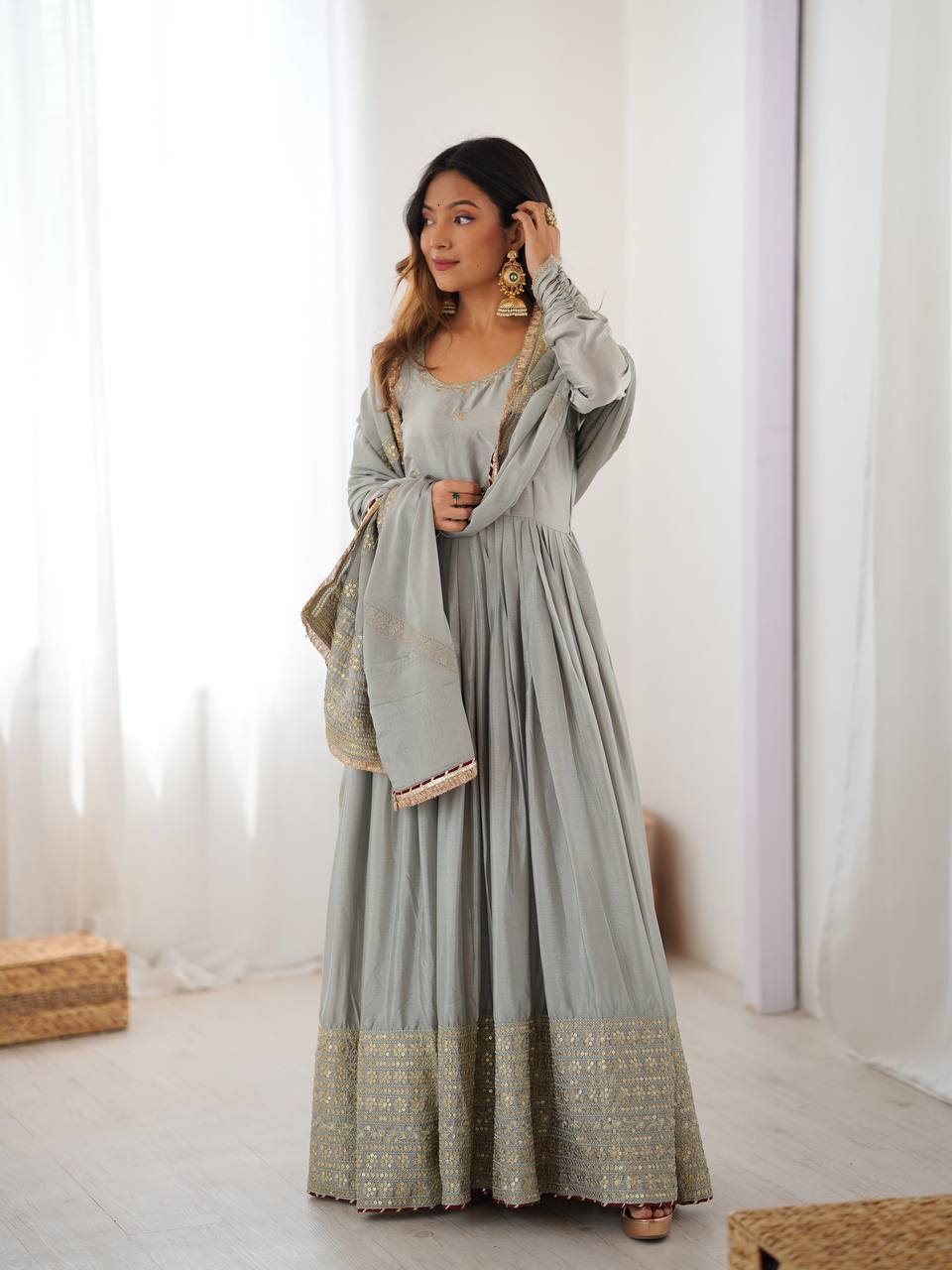 Meherbaan Chinon Anarkali Suit with Thread & Sequin Work, Dori Latkan Detailing & Lace Border Dupatta