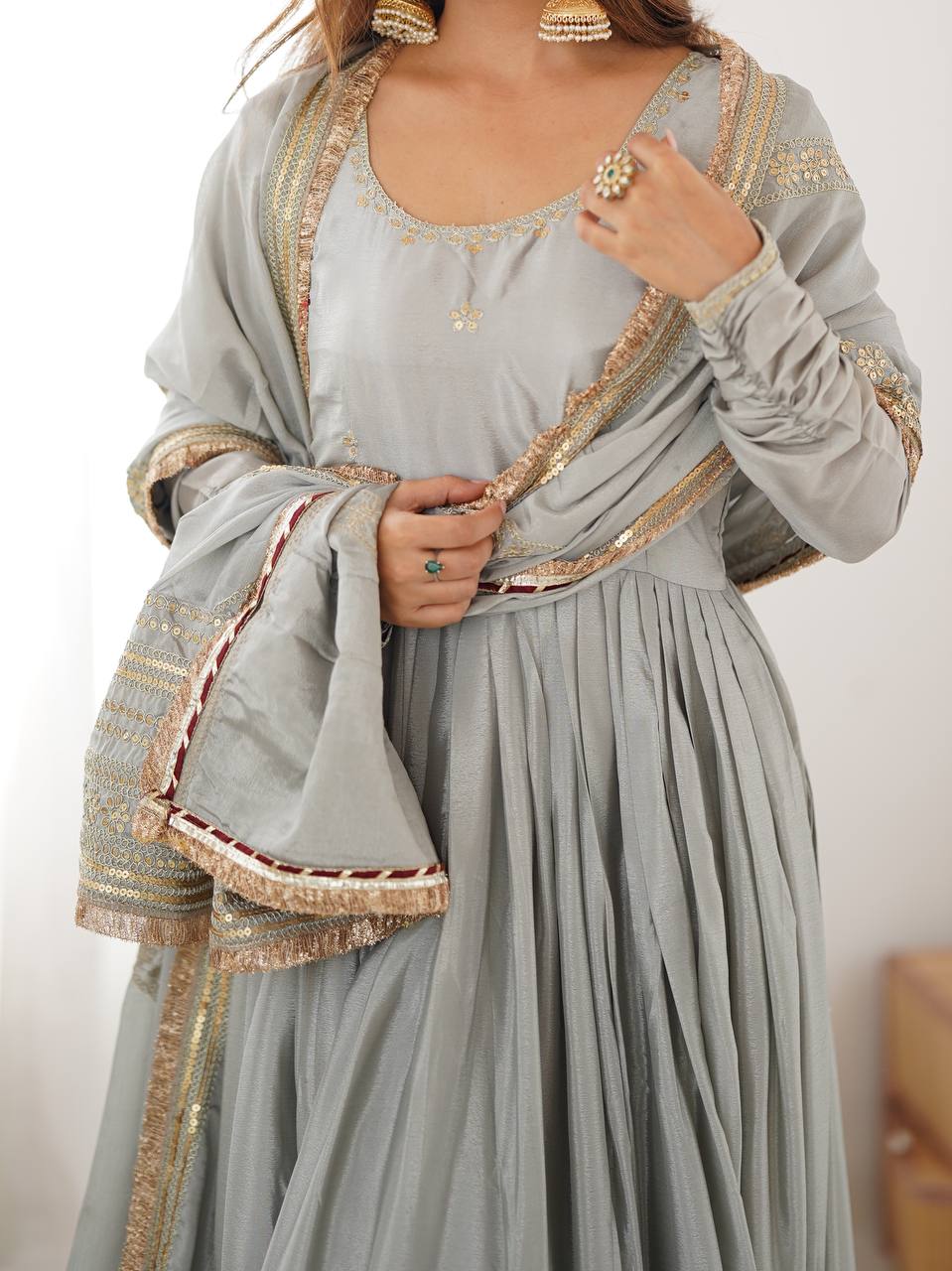 Meherbaan Chinon Anarkali Suit with Thread & Sequin Work, Dori Latkan Detailing & Lace Border Dupatta