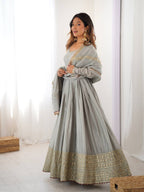 Meherbaan Chinon Anarkali Suit with Thread & Sequin Work, Dori Latkan Detailing & Lace Border Dupatta