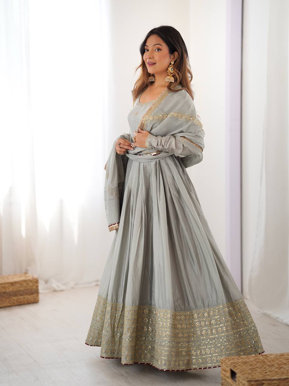 Meherbaan Chinon Anarkali Suit with Thread & Sequin Work, Dori Latkan Detailing & Lace Border Dupatta