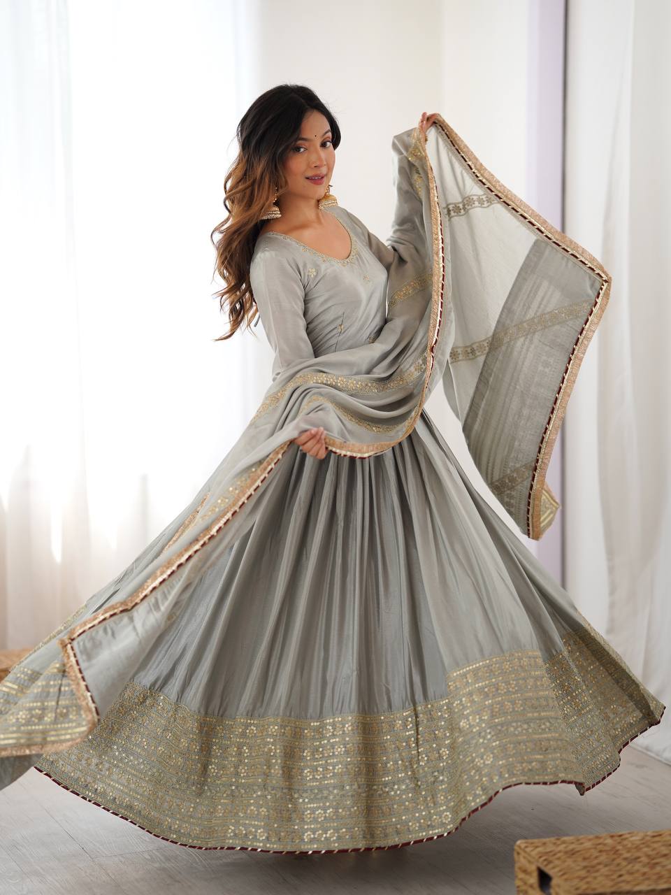 Meherbaan Chinon Anarkali Suit with Thread & Sequin Work, Dori Latkan Detailing & Lace Border Dupatta