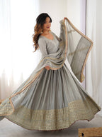 Meherbaan Chinon Anarkali Suit with Thread & Sequin Work, Dori Latkan Detailing & Lace Border Dupatta