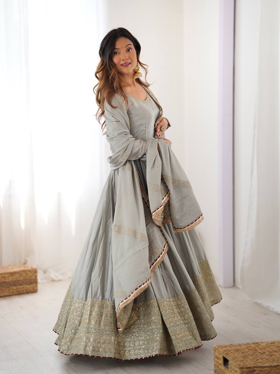 Meherbaan Chinon Anarkali Suit with Thread & Sequin Work, Dori Latkan Detailing & Lace Border Dupatta