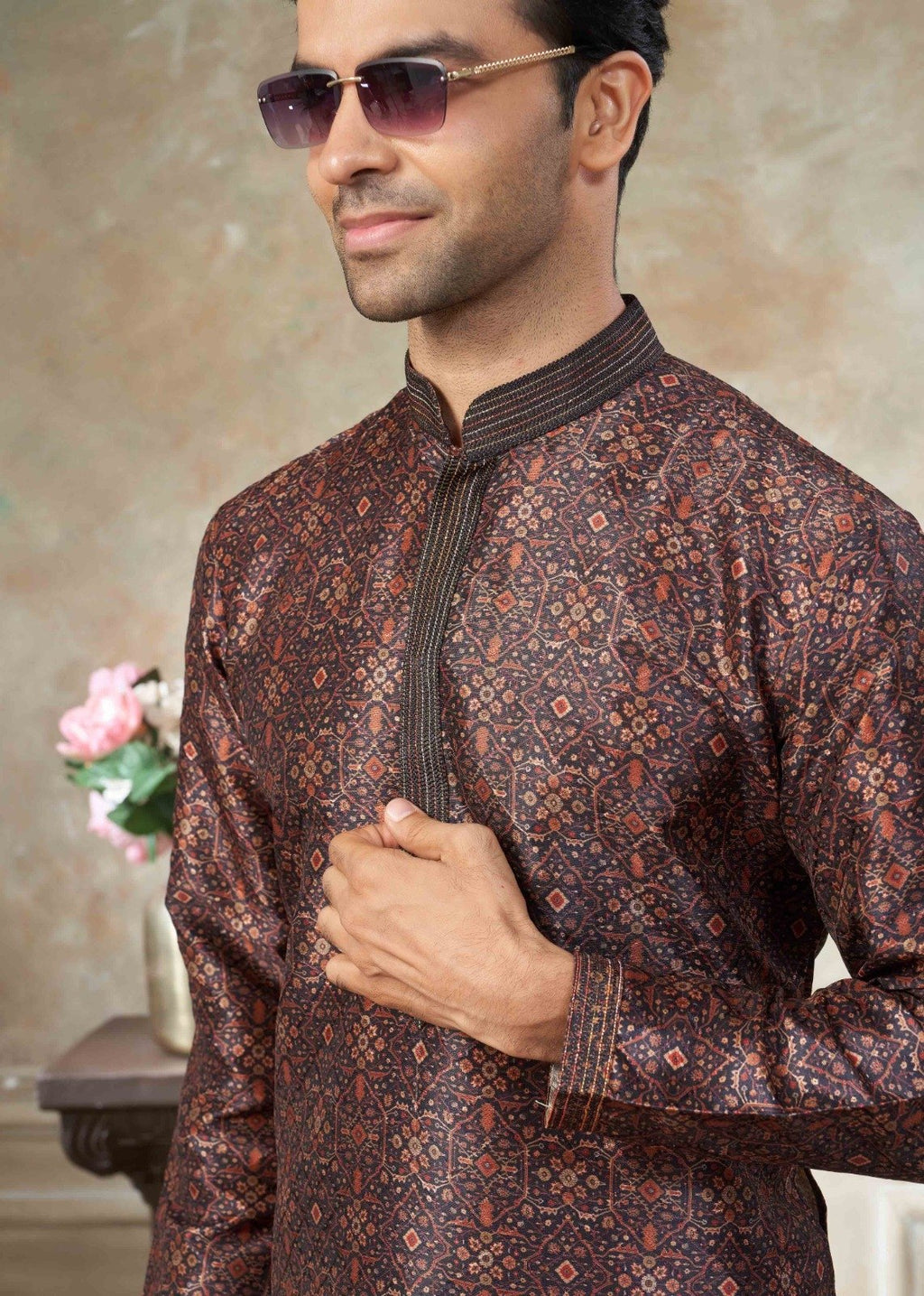 Men’s Premium Silk Digital Print Kurta Set with Pintex Work
