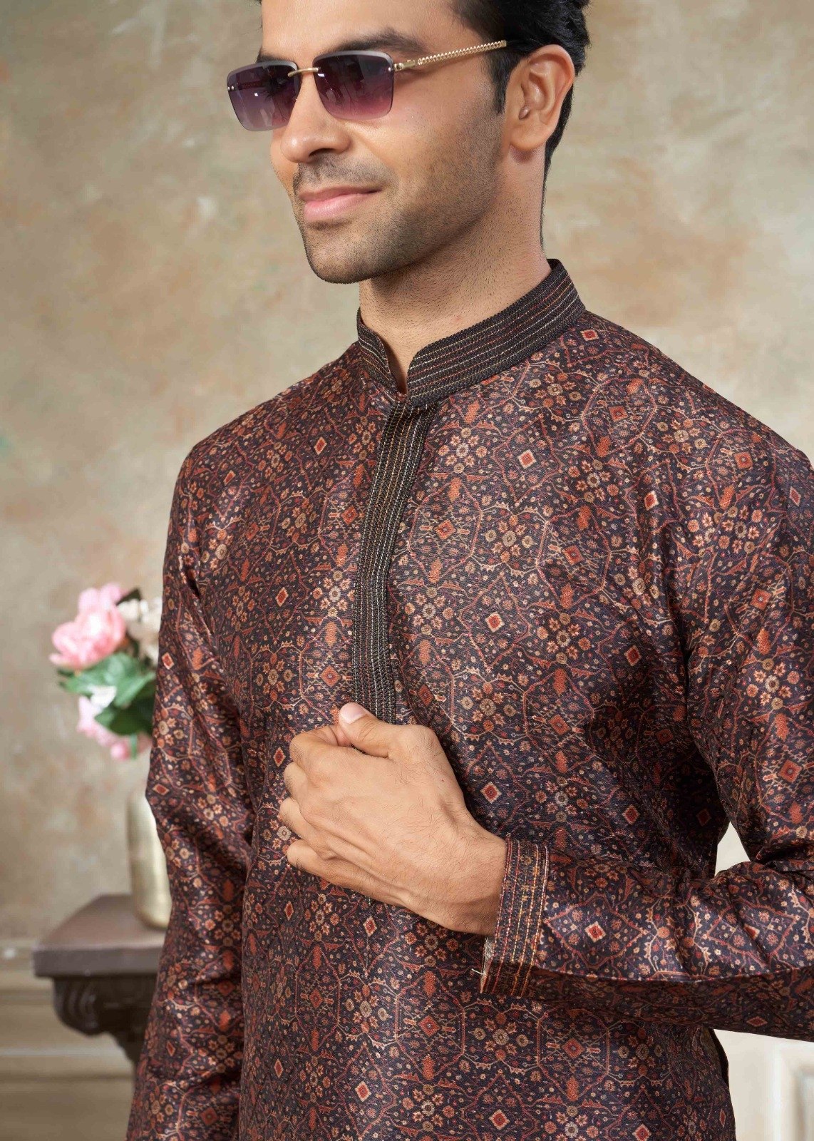 Men’s Premium Silk Digital Print Kurta Set with Pintex Work