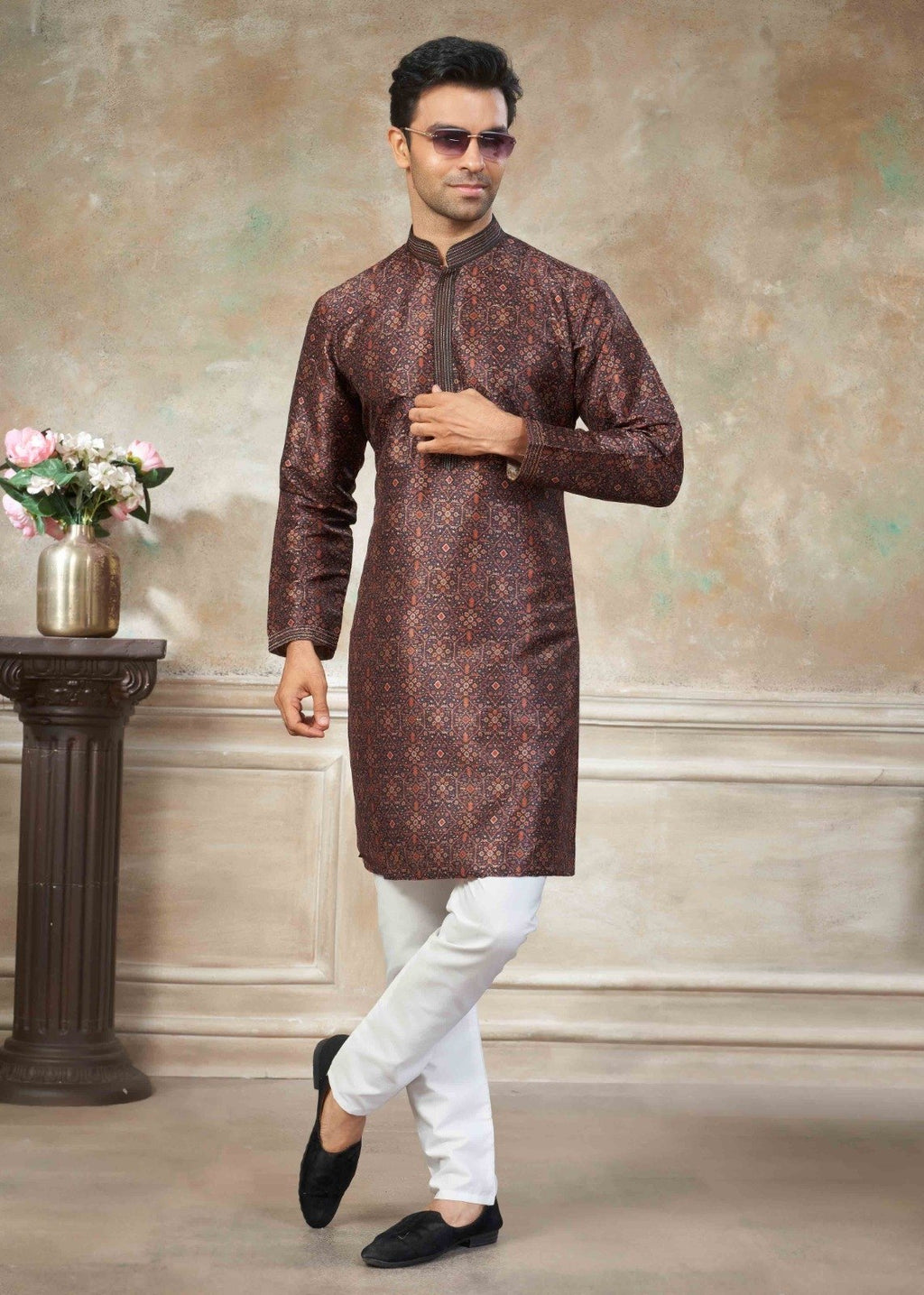 Men’s Premium Silk Digital Print Kurta Set with Pintex Work