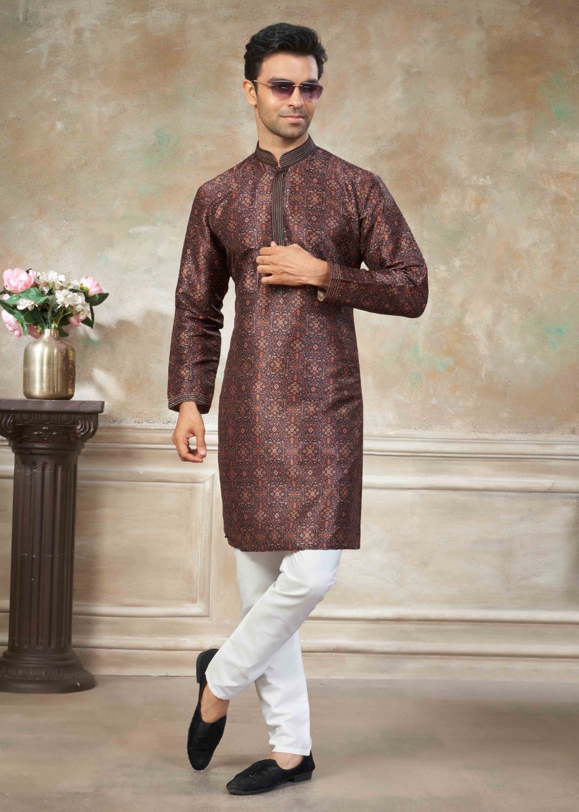 Men’s Premium Silk Digital Print Kurta Set with Pintex Work