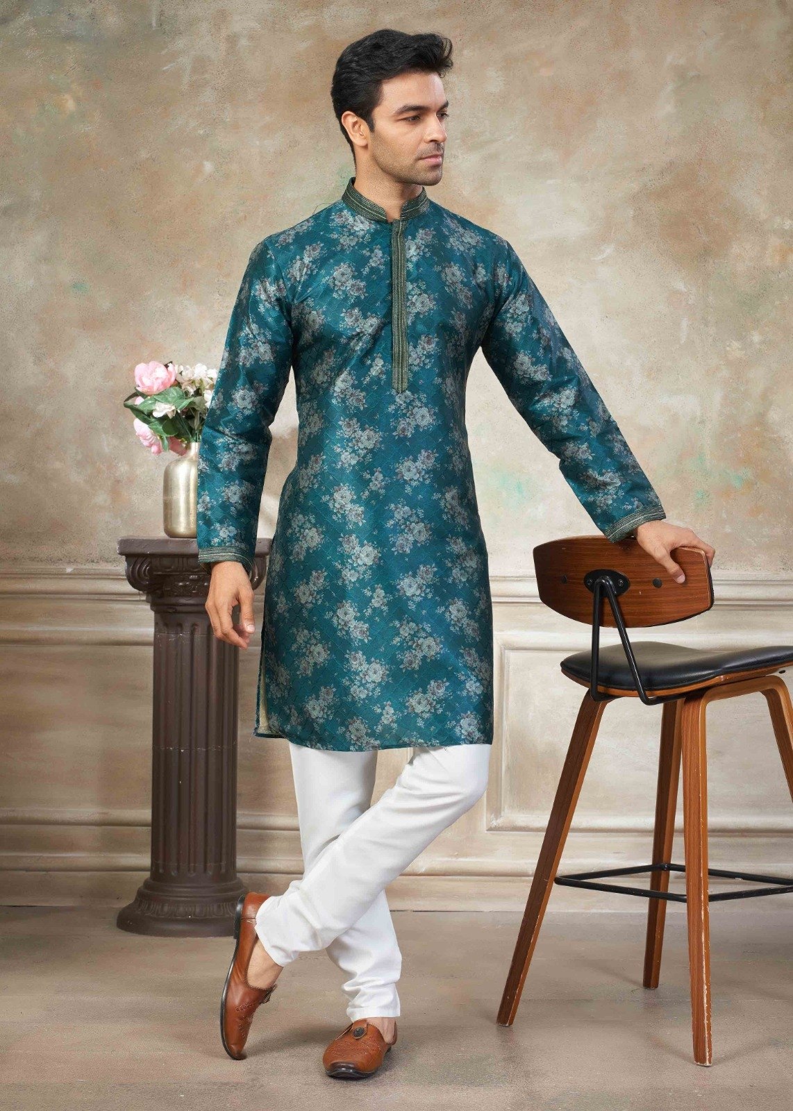 Men’s Premium Silk Digital Print Kurta Set with Pintex Work