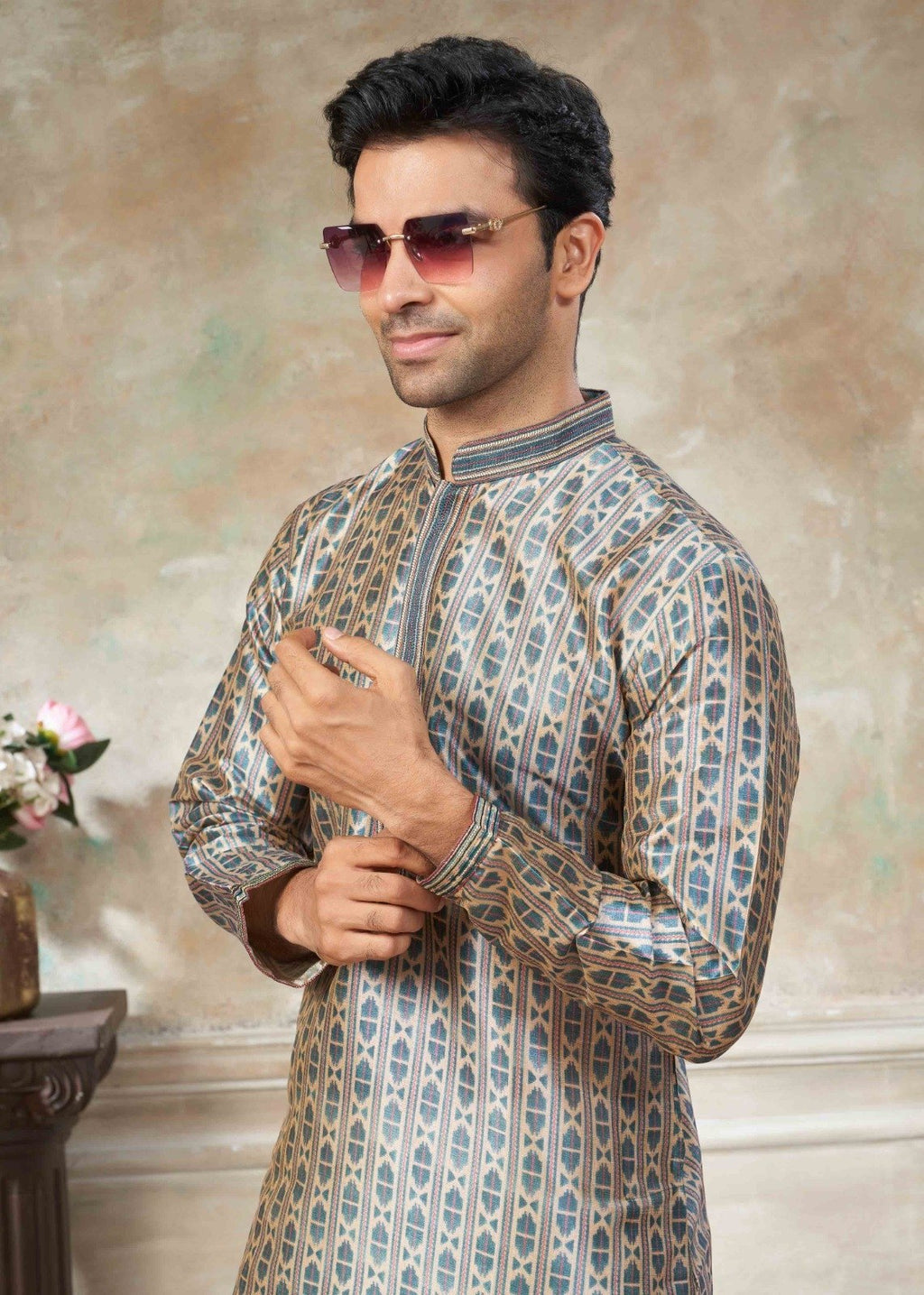 Men’s Premium Silk Digital Print Kurta Set with Pintex Work